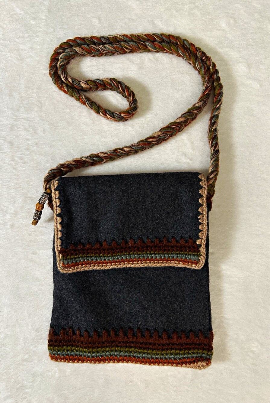 VTG 90's Amanda Smith Small Wool With Yarn Stitching Crossbody Bag Braided Strap